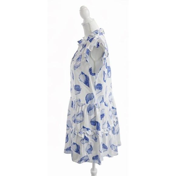 H & M Women's 100% Cotton Medium Frill Trim White & Blue Seashell Dress - Picture 2 of 7